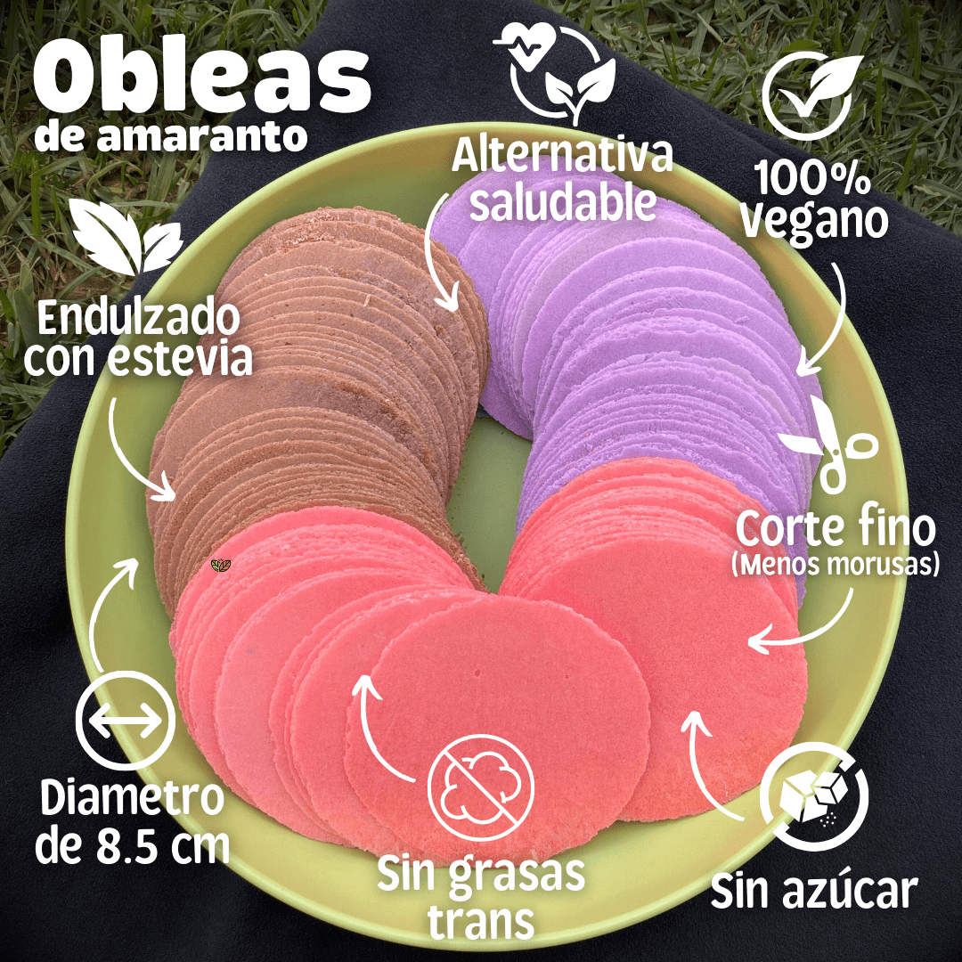 Obleas de amaranto en plato verde, botana saludable, vegana y endulzada con estevia. Corte fino de 8.5 cm de diámetro que genera menos morusas, sin azúcares añadidos, sin grasas trans y considerada una alternativa saludable frente a la comida chatarra. Snacks de amaranto coloridos en sabores como chocolate, frutos rojos, taro, matcha y natural, ideales para cafeterías escolares, universidades, gimnasios y tiendas naturistas. Venta al mayoreo en México con opción de personalización de etiquetas para emprende