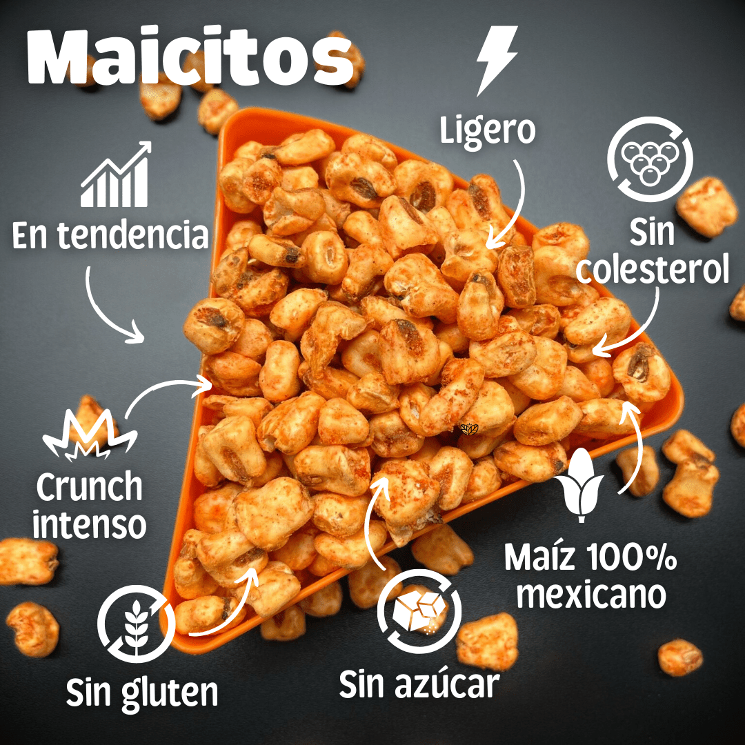 Maicitos inflados al vapor, botana crujiente y ligera hecha con maíz 100% mexicano. Snack saludable sin gluten, sin azúcar y sin colesterol, con un crunch intenso y gran sabor. Botanas escolares aprobadas por la SEP, ideales para vender en cooperativas, cafeterías, gimnasios y tiendas naturistas. Presentación práctica en empaques individuales de 50 gramos, listos para mayoreo y distribución en México. Perfectos para emprendedores que buscan productos en tendencia, con alta rotación y excelente margen