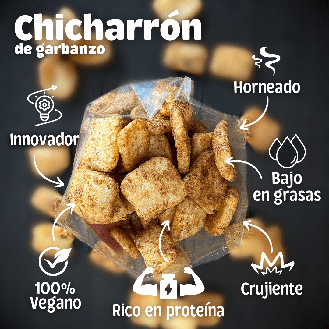 Chicharrón de garbanzo en bolsa transparente, snack innovador, crujiente, horneado, bajo en grasas, rico en proteína y 100% vegano. Botana a base de garbanzo con gran sabor y textura ligera, ideal como alternativa saludable a los frituras tradicionales. Venta de chicharrón de garbanzo al mayoreo en México, perfecto para cafeterías escolares, universidades, gimnasios y tiendas naturistas. Distribuidor de botanas saludables con opción de etiquetas personalizadas o marca Blofis, ofreciendo botanas saludables