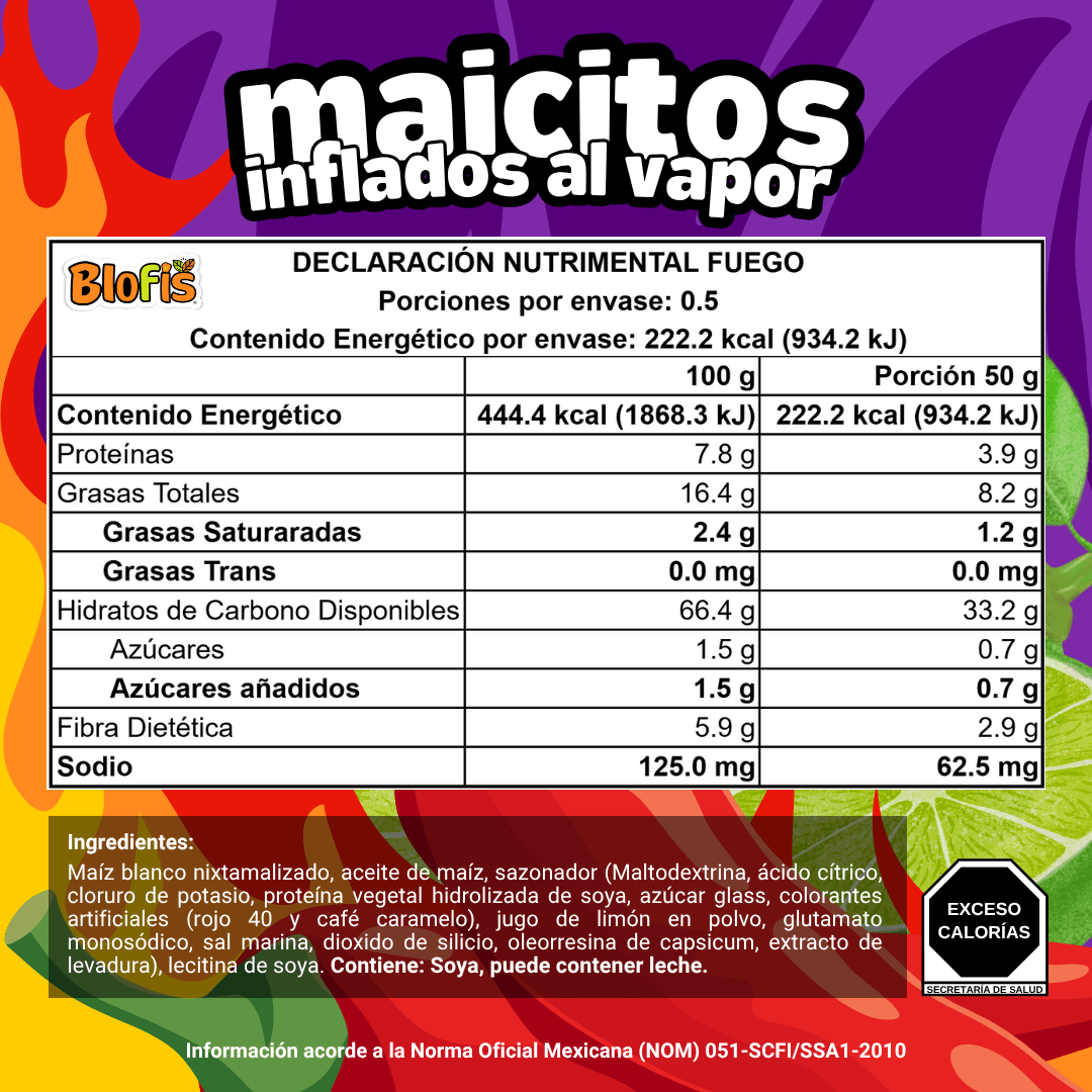 Maicitos en empaque variedad, surtido de sabores inflados al vapor, venta al mayoreo declaracion nutrimental