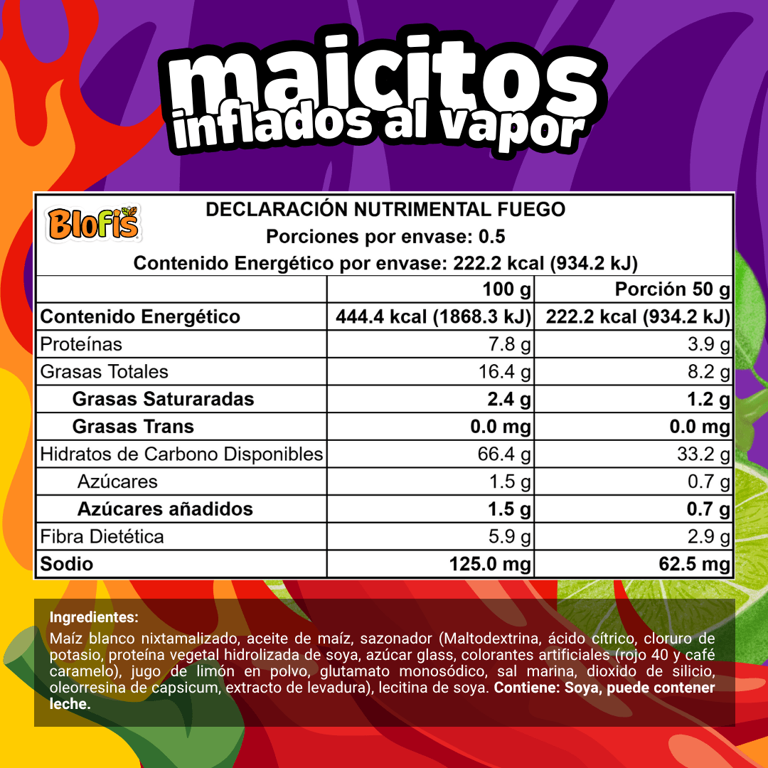 Maicitos en empaque variedad, surtido de sabores inflados al vapor, venta al mayoreo declaracion nutrimental