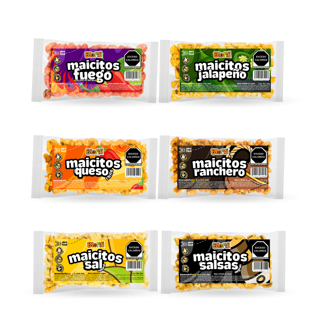 Maicitos en empaque variedad, surtido de sabores inflados al vapor, venta al mayoreo snack escolar