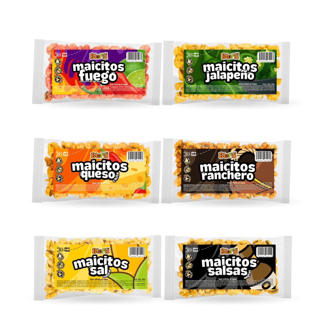 Maicitos en empaque variedad, surtido de sabores inflados al vapor, venta al mayoreo snack escolar