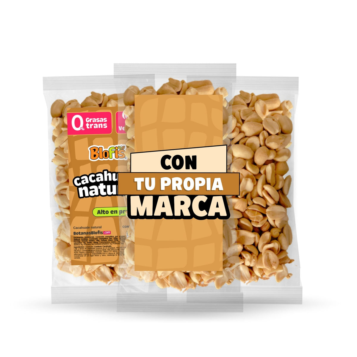 Cacahuate natural 50 g en sus tres formatos: bolsa Blofis, bolsa con tu propia marca y bolsa sin etiqueta
