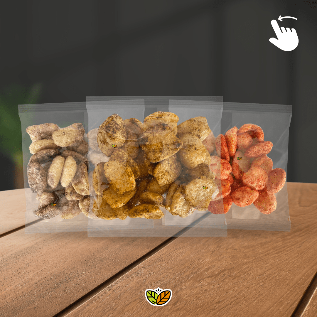 Chicharrón de garbanzo en empaques transparentes individuales, botana crujiente y saludable disponible en distintos sabores como natural, chipotle, limón con sal y fuego. Snacks a base de garbanzo, altos en proteína vegetal, ideales para cafeterías escolares, gimnasios, tiendas naturistas y negocios que buscan alternativas diferentes a las botanas tradicionales. Venta de chicharrón de garbanzo al mayoreo en México, con posibilidad de personalizar etiquetas para tu propia marca o adquirir distribución blofis