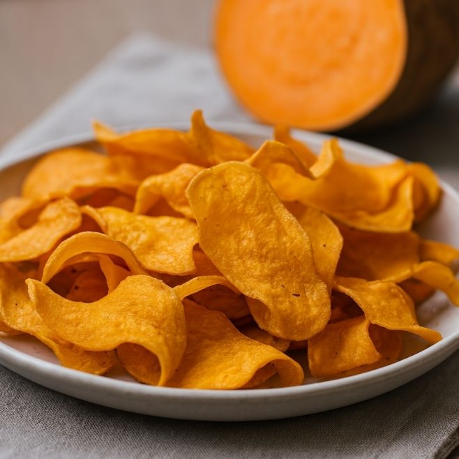 platon con chips de camote horneado natural con un camote