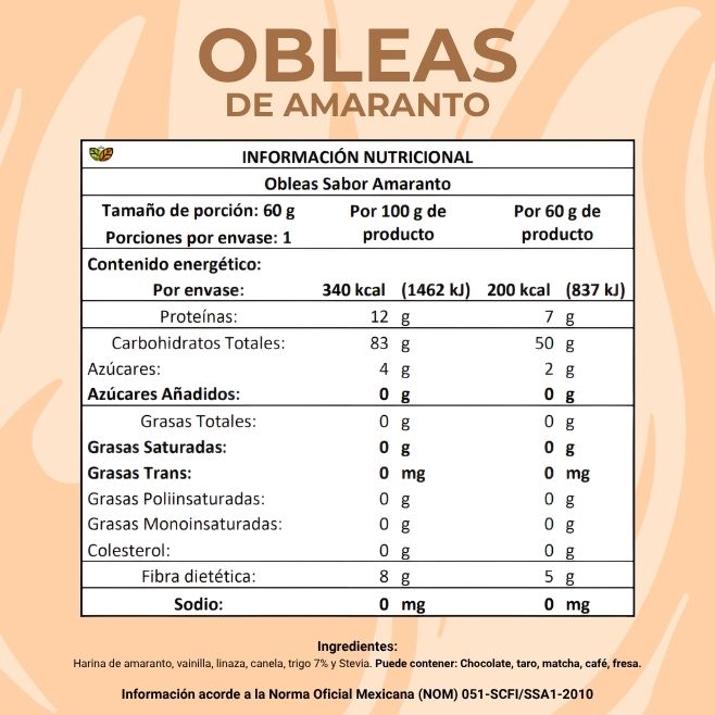 tabla nutrimental obleas de amaranto sin azucar