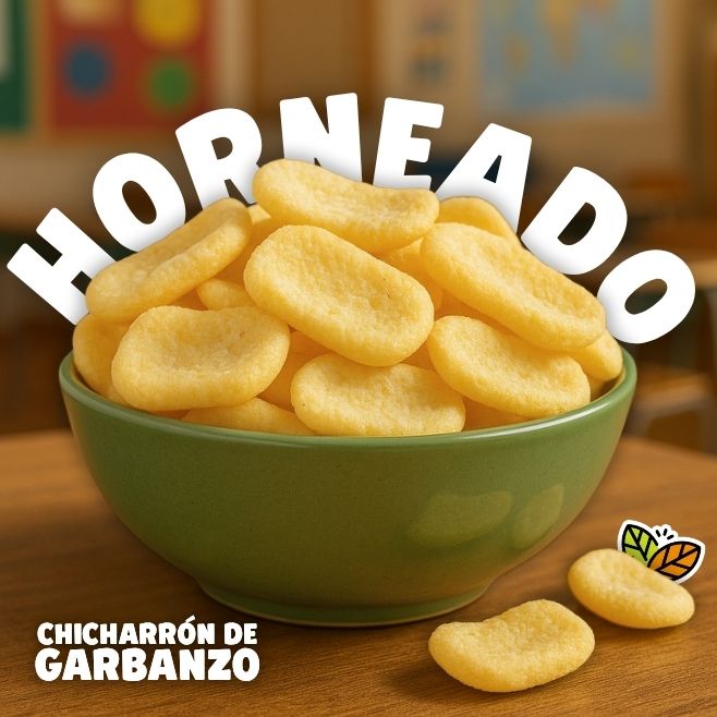 tazón verde repleto de chicharron de garbanzo sabor limon botanas saludables para vender blofis