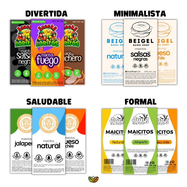 Ejemplos de diseños de etiquetas para maicitos inflados al vapor. Cuatro estilos diferentes: divertidas con colores vibrantes, minimalistas en blanco con tipografía moderna, saludables con enfoque natural y formales con estilo corporativo. Opciones ideales para personalizar snacks escolares y botanas saludables.