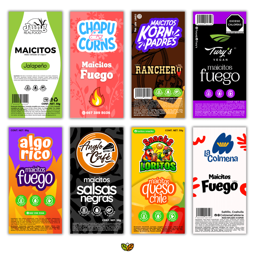 Ejemplos de diseños de etiquetas personalizadas para maicitos inflados Blofis en sabores fuego, ranchero, jalapeño, queso chile y salsas negras. Opciones creativas y profesionales para cafeterías, tienditas escolares y negocios de botanas.