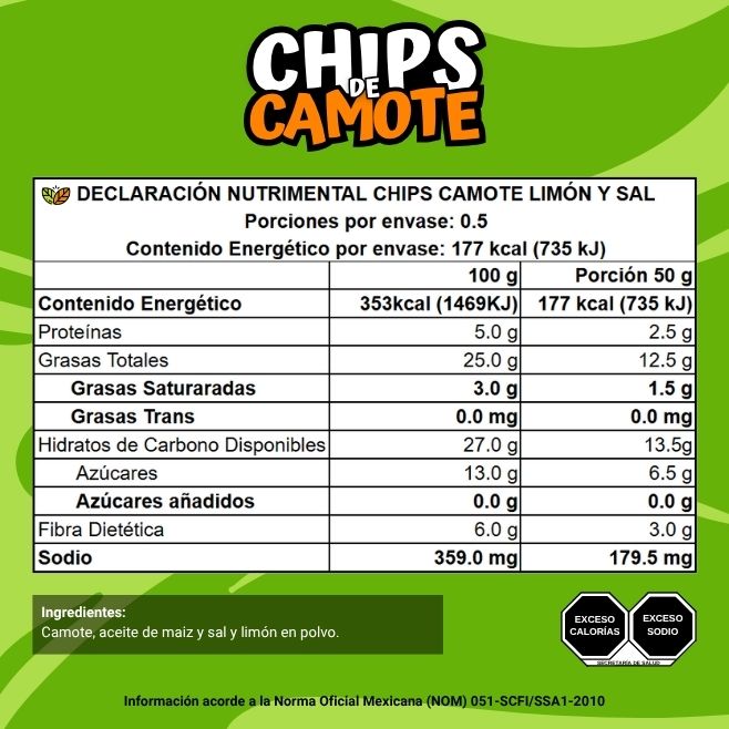 ingredientes y declaracion nutrimental chips de camote limon