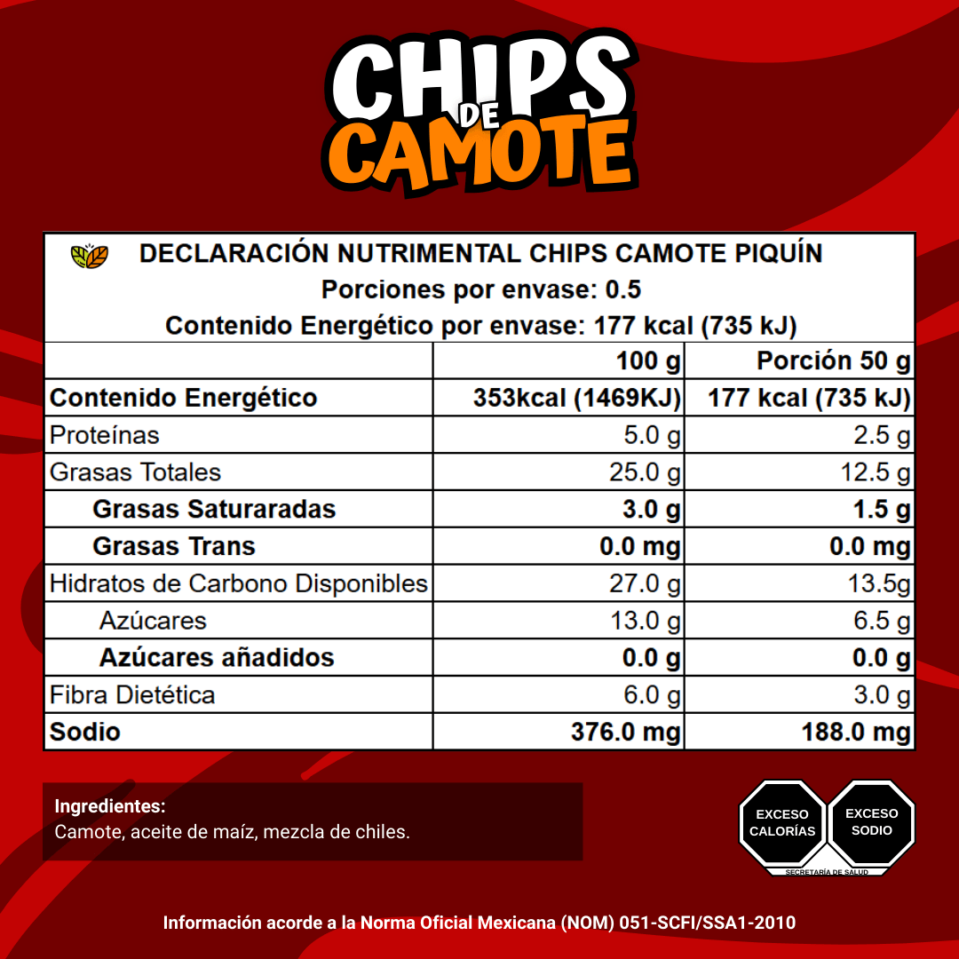 declaracion nutrimental informacion nutricional chips de camote sabor piquin botanas saludables snacks mayoreo dulces para vender negocios