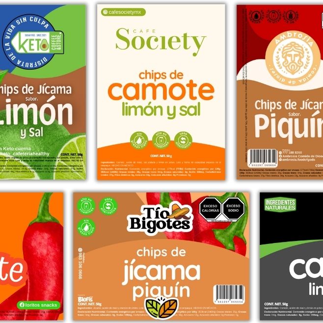 logos de snacks etiquetas personalizadas hechas por botanas blofis de chips de jicama y camote