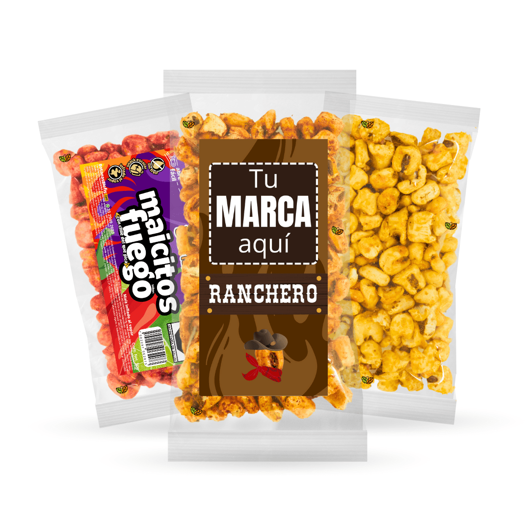 Variedad de maicitos inflados al vapor, sabores surtidos, venta mayorista con etiqueta personalizable