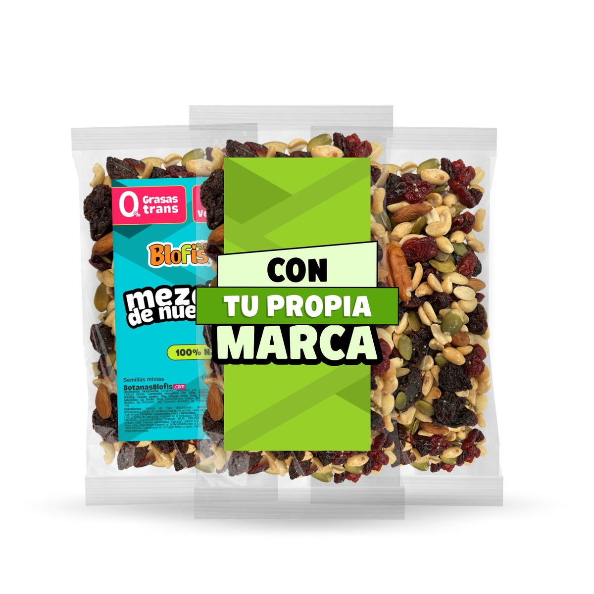 Mezcla de nueces 50 g en sus tres formatos: bolsa Blofis, bolsa con tu propia marca y bolsa sin etiqueta