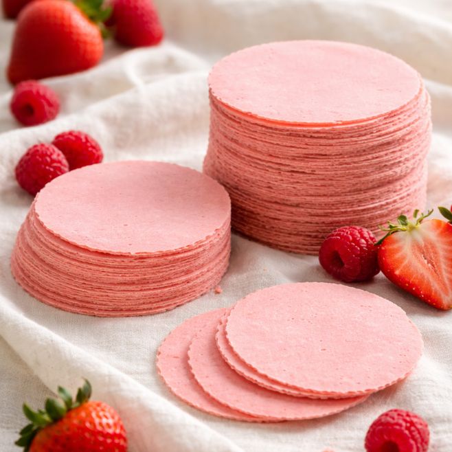 obleas de amaranto sabor frutos rojos con fresas y frambuesas regadas sobre mantel blanco de tela