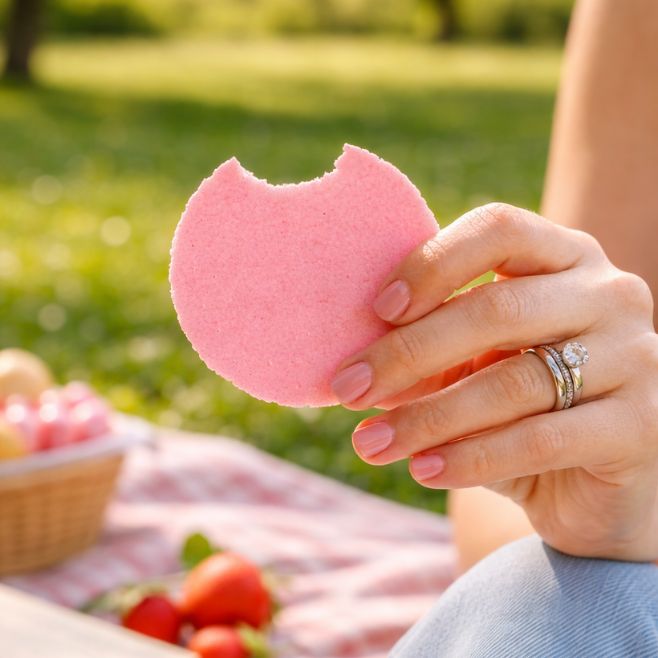 obleas de amaranto sabor frutos rojos con una pequeña mordida, fondo de parque verde con mantel de picnic