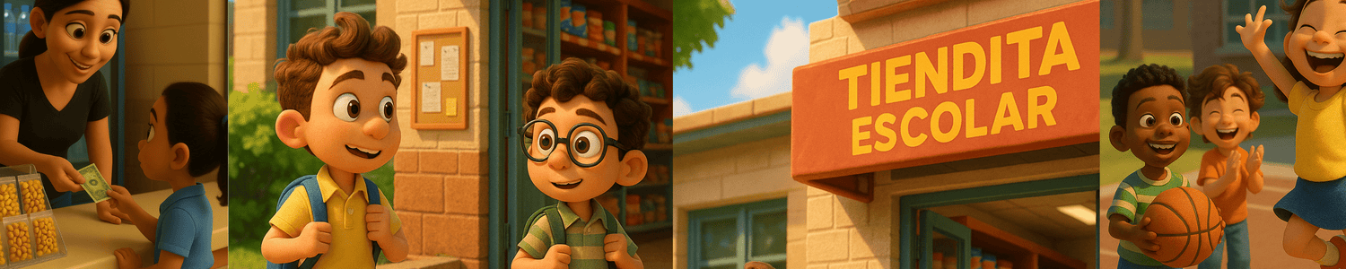 Ilustración estilo Pixar de una tiendita escolar en México, con niños comprando y disfrutando botanas autorizadas como maicitos inflados y obleas de amaranto. Imagen colorida que representa la venta de snacks saludables al mayoreo en cooperativas escolares.