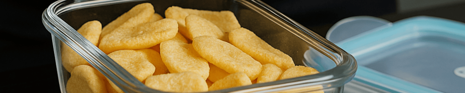 Chicharrón de garbanzo horneado Blofis en recipiente de vidrio, snack saludable, crujiente y ligero ideal para escuelas, cafeterías, oficinas y negocios de botanas.