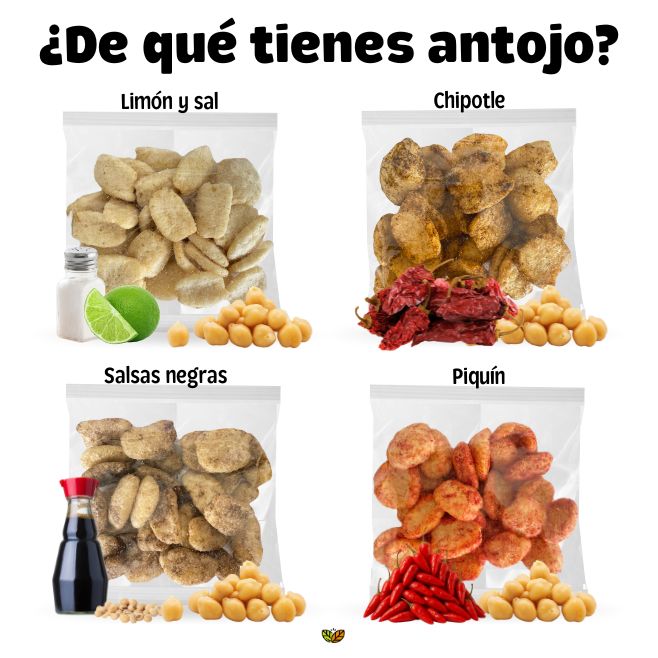 4 diferentes sabores del chicharron de garbanzo con sus ingredientes naturales