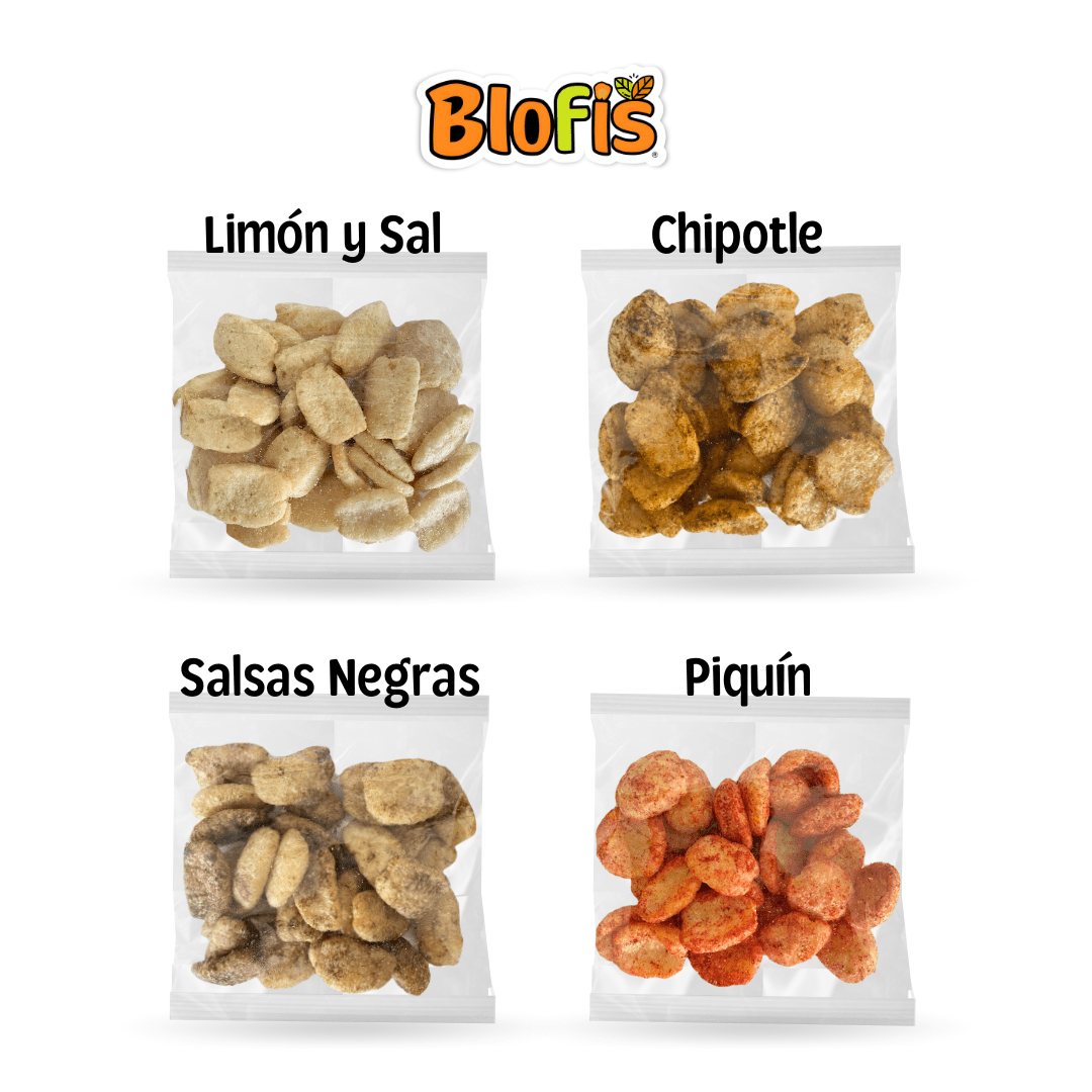 Chicharrón de garbanzo Blofis en empaques individuales de 50 gramos, disponible en sabores limón con sal, chipotle, salsas negras y piquín. Botana crujiente hecha a base de garbanzo, considerada una alternativa saludable con alto contenido de proteína vegetal y gran sabor mexicano. Snacks ideales para cafeterías escolares, universidades, gimnasios, tiendas naturistas y negocios que buscan botanas innovadoras con excelente margen de ganancia. Venta de chicharrón de garbanzo al mayoreo en México