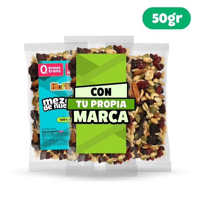 Mezcla de frutos secos y nueces para venta individual etiquetado con tu logo