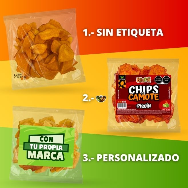 chips de verduras saludables empacadas sin etiqueta marca blofis o con tu propio logo