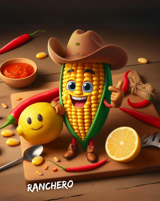 Personaje animado mazorca de maiz con sombrero vaquero y botas hecho por botanas blofis