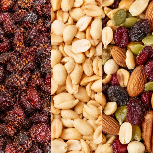 Arándano enchilado, cacahuate natural y mezcla de nueces Blofis en bolsas de 50 g, botanas para cafetería escolar