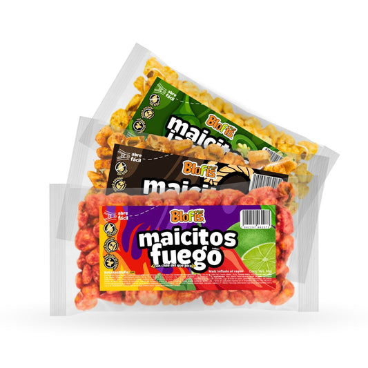 Bolsas de maicitos Blofis Fuego, Jalapeño y Salsas Negras