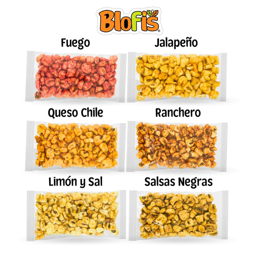 Los seis sabores de maicitos Blofis: Fuego, Jalapeño, Queso Chile, Ranchero, Limón y Sal y Salsas Negras