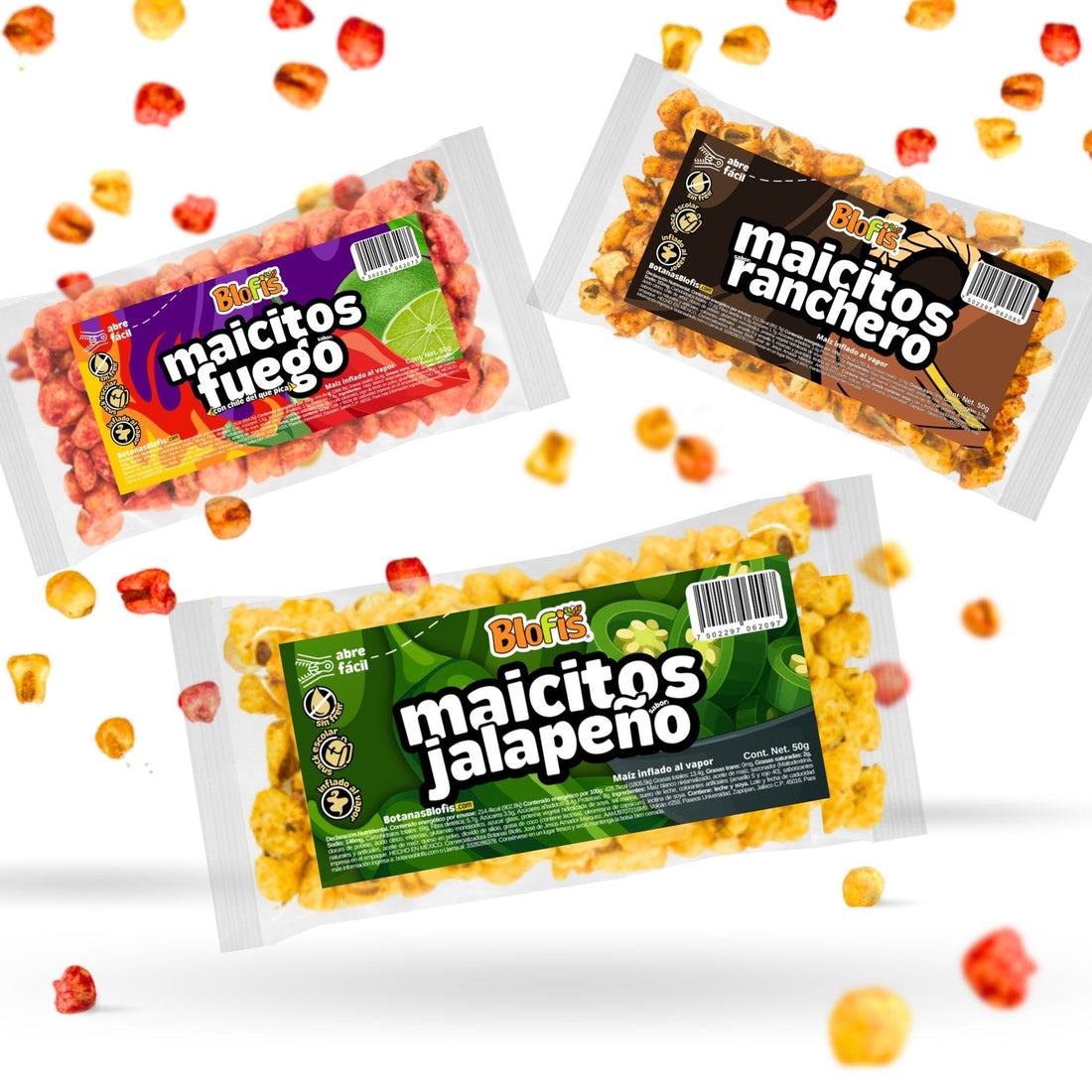 Bolsas de maicitos Blofis Fuego, Ranchero y Jalapeño