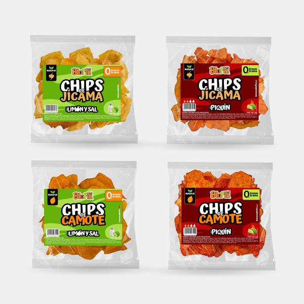 Bolsas de chips de jícama y camote Blofis en sus cuatro sabores