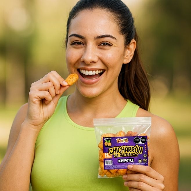 Mujer con ropa deportiva comiendo chicharrón de garbanzo sabor chipotle, botana para vender en gimnasios
