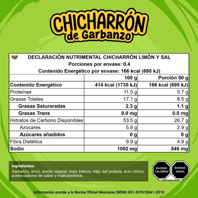 ingredientes y declaración nutrimental del chicharron de garbanzo sabor limon y sal blofis