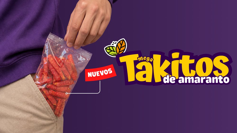 Banner de los nuevos Takitos de Amaranto: una mano saca del bolsillo una bolsa con takitos rojos