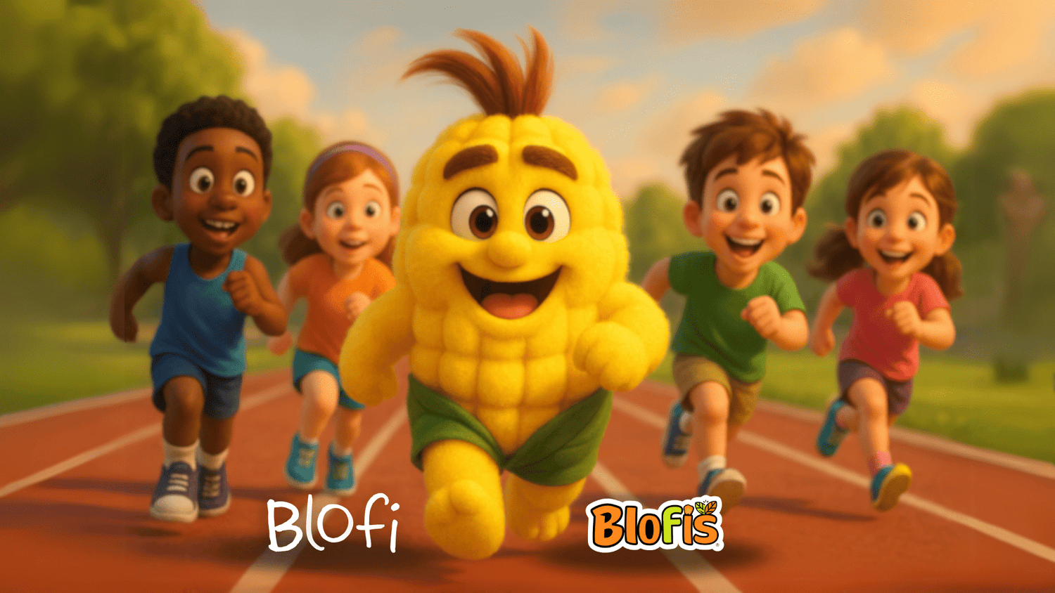 personaje de maicito blofi compitiendo en una carrera divertida con sus amigos en la escuela