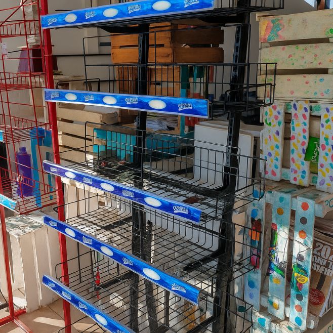 Ilustración de un anaquel vacío en una cooperativa escolar, representando la falta de botanas escolares saludables y la oportunidad de ofrecer snacks autorizados por la SEP.