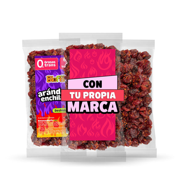 Arándano enchilado 50 g en sus tres formatos: bolsa Blofis, bolsa con tu propia marca y bolsa sin etiqueta
