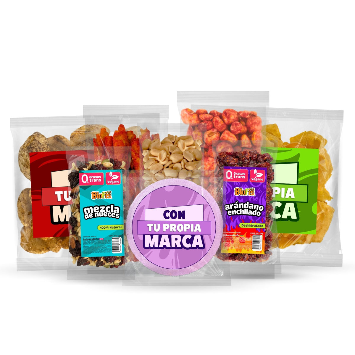 Botanas surtidas Blofis para armar tu mix: maicitos, obleas, chips, mezcla de nueces y arándano, con tu propia marca