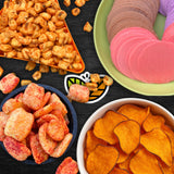 Botanas Blofis surtidas en tazones: maicitos, obleas, chicharrón de garbanzo y chips de camote