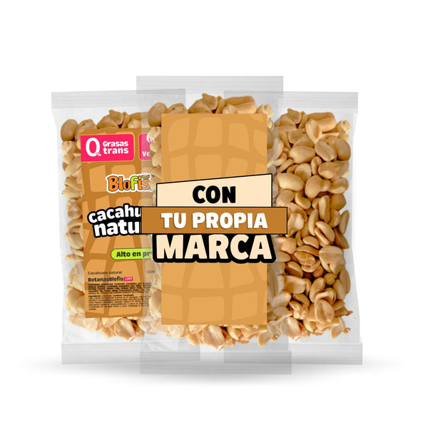 Cacahuate natural 50 g en sus tres formatos: bolsa Blofis, bolsa con tu propia marca y bolsa sin etiqueta