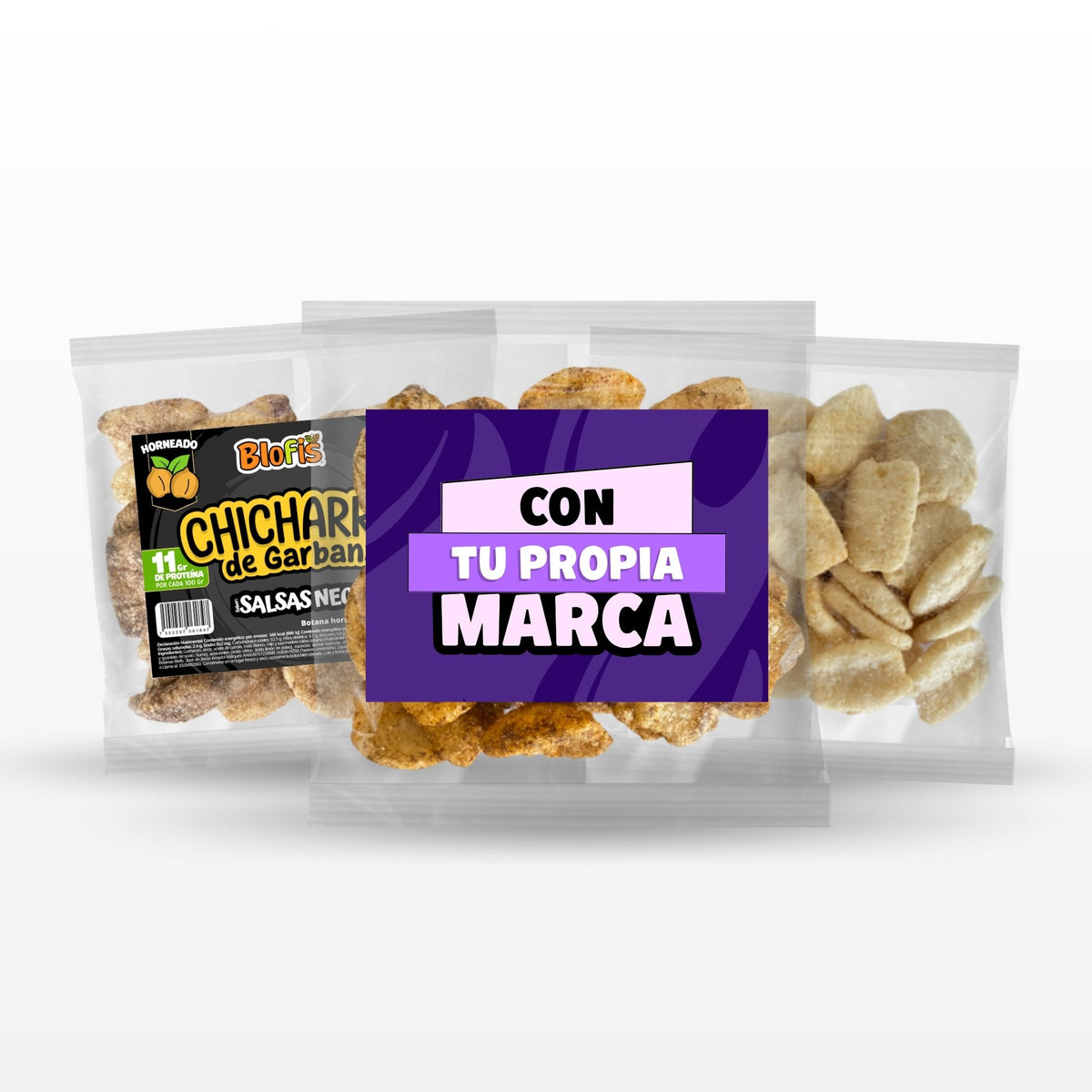 Chicharrón de garbanzo 40 g en sus tres formatos: bolsa Blofis Salsas Negras, bolsa con tu propia marca y bolsa sin etiqueta