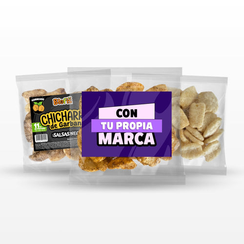 Chicharrón de garbanzo 40 g en sus tres formatos: bolsa Blofis Salsas Negras, bolsa con tu propia marca y bolsa sin etiqueta