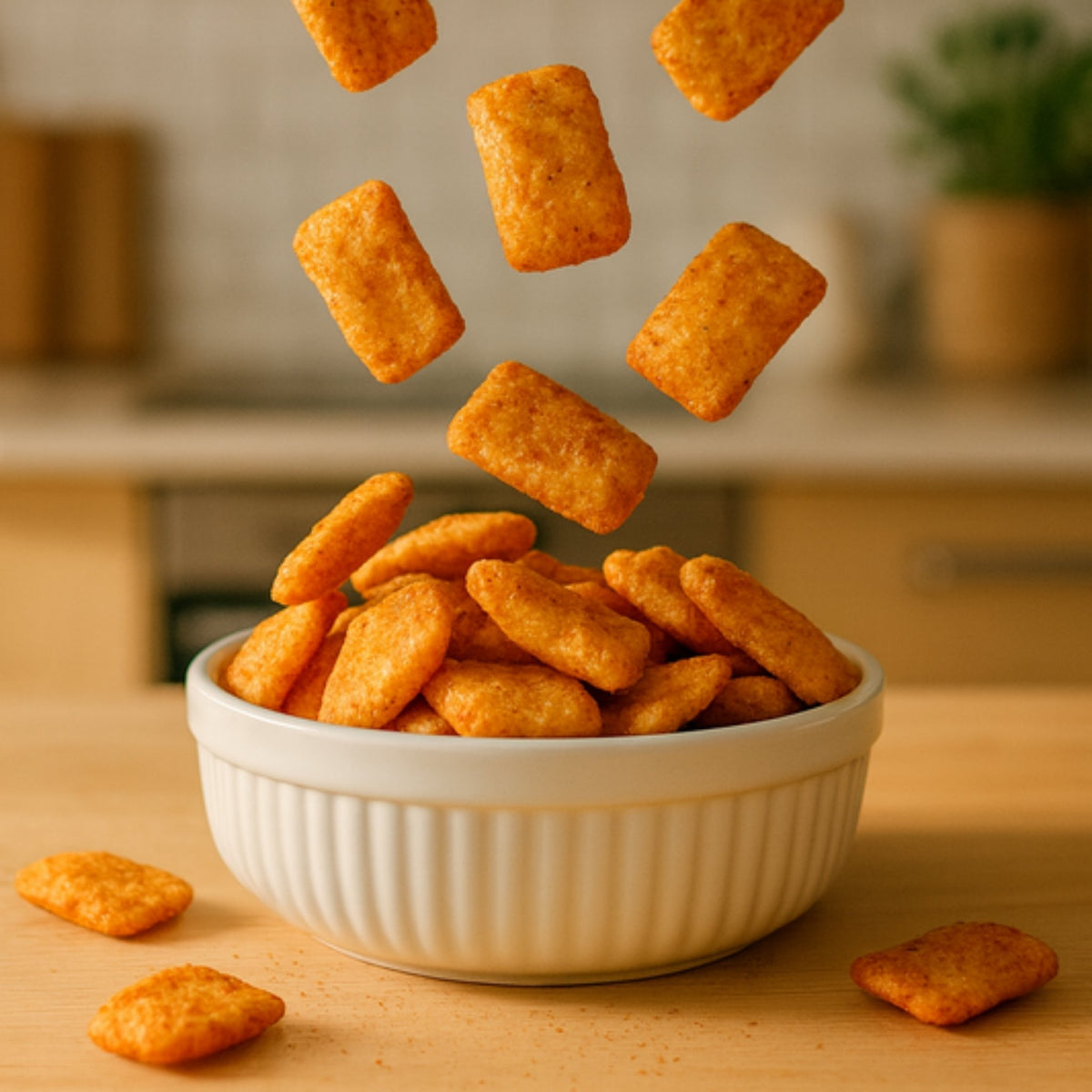 Chicharrón de garbanzo sabor Piquín cayendo en un tazón