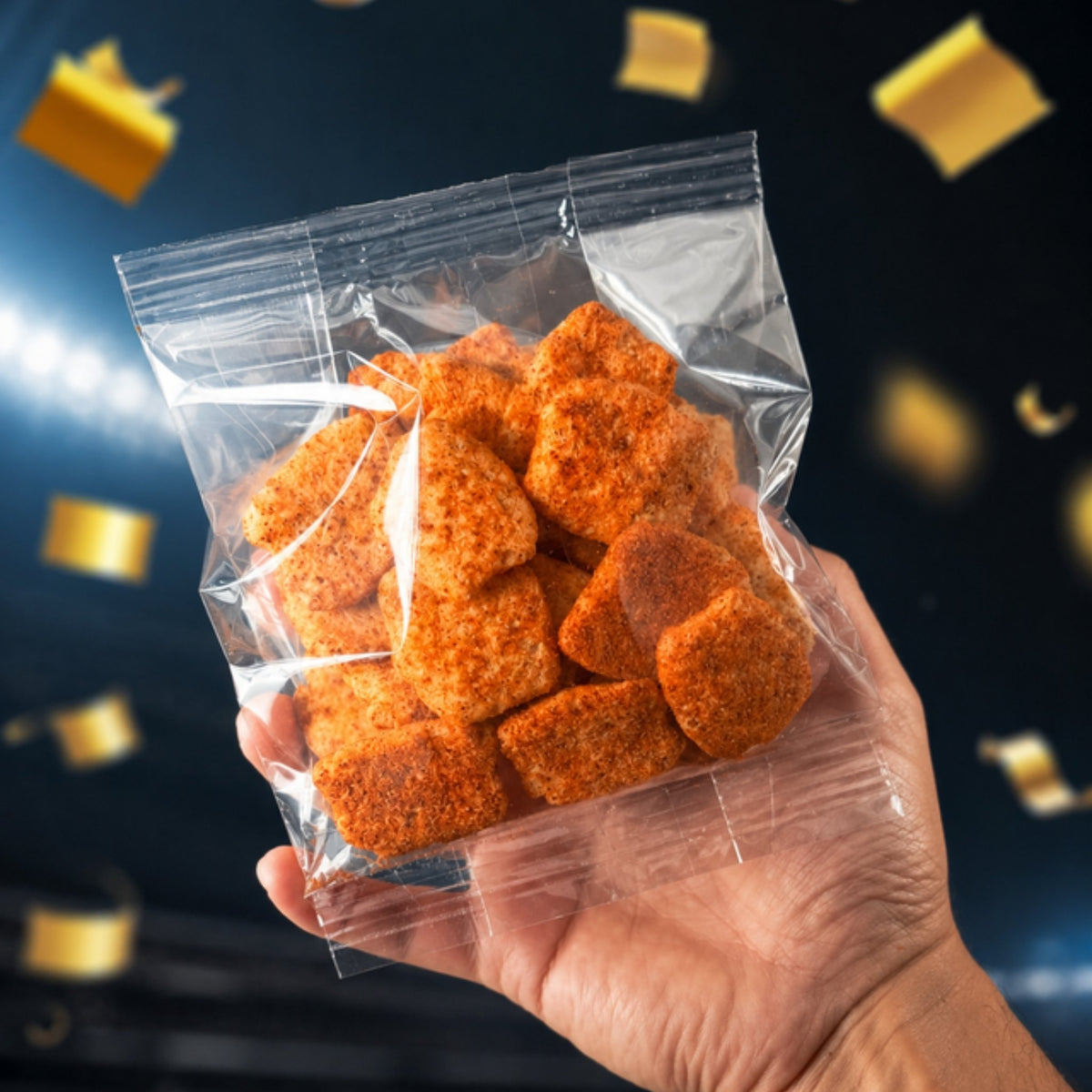 Bolsa de chicharrón de garbanzo sabor Chipotle en la mano