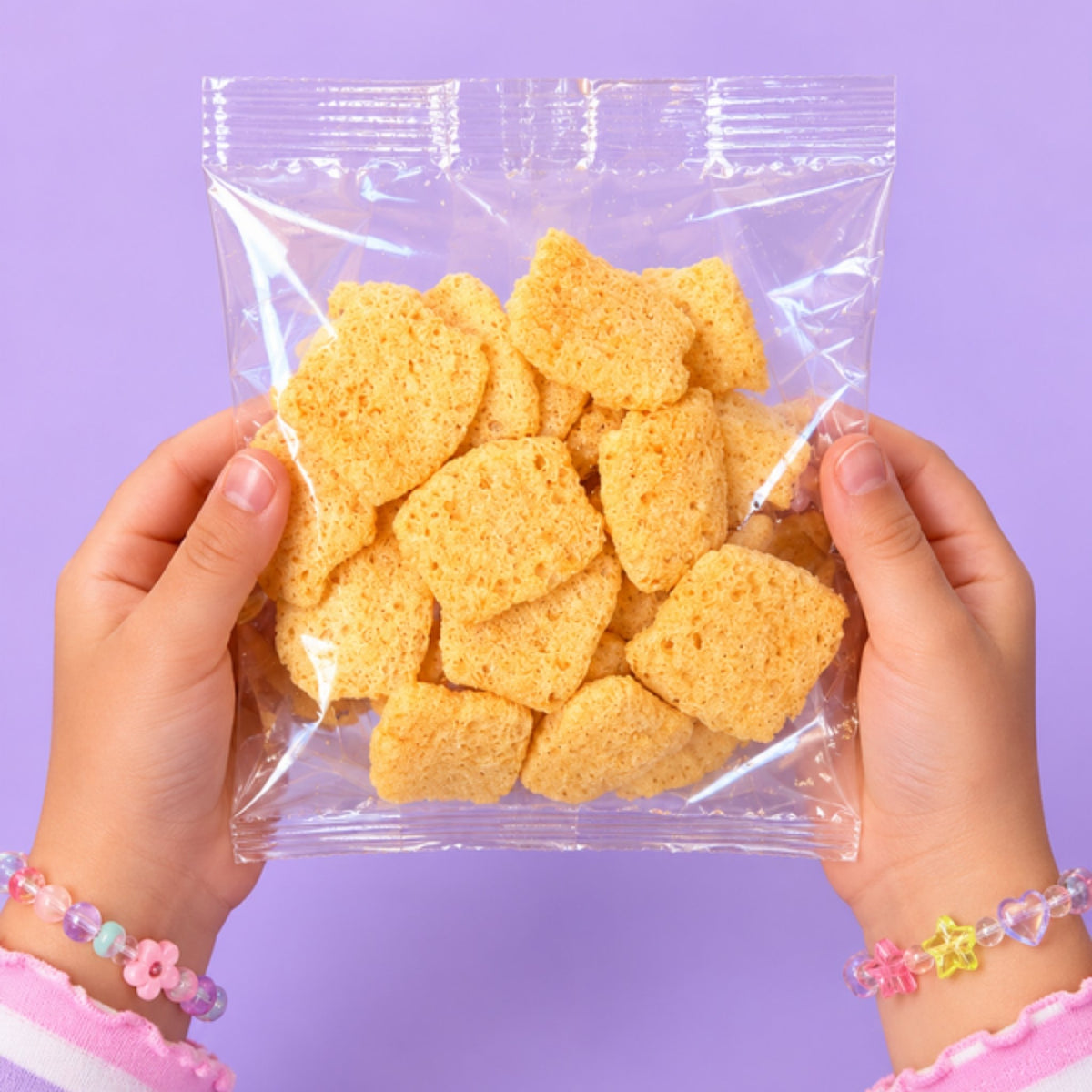 Manos sosteniendo una bolsa de chicharrón de garbanzo Limón y Sal