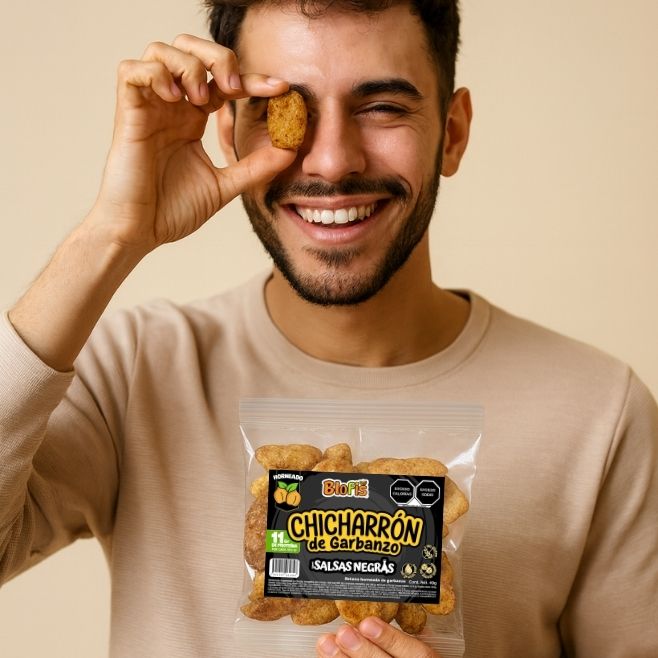 hombre disfrutando y sonriendo el chicharron de garbanzo blofis sabor salsas negras mientras sostiene un puff enfrente de su ojo