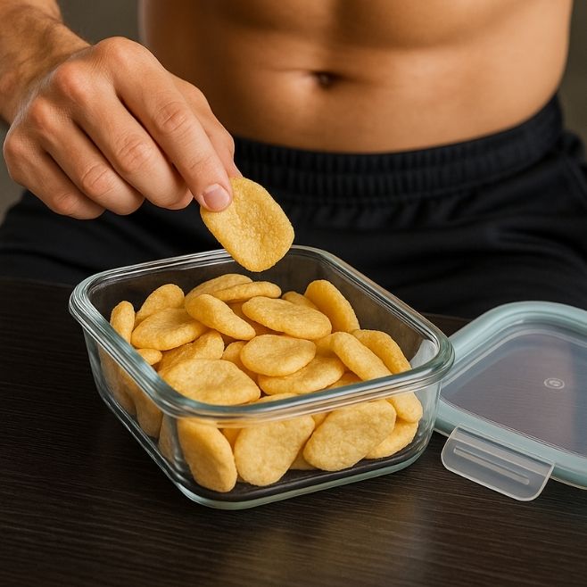 hombre agarrando un puff de chicharron de garbanzo saludable sabor limon blofis en el gimnasio