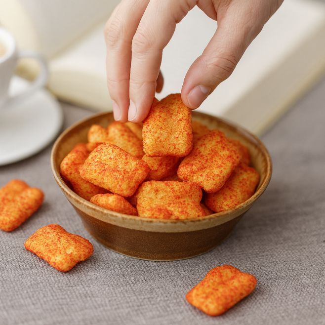 chicharron saludable de garbanzo sabor piquin sobre un mantel gris alado de un libro